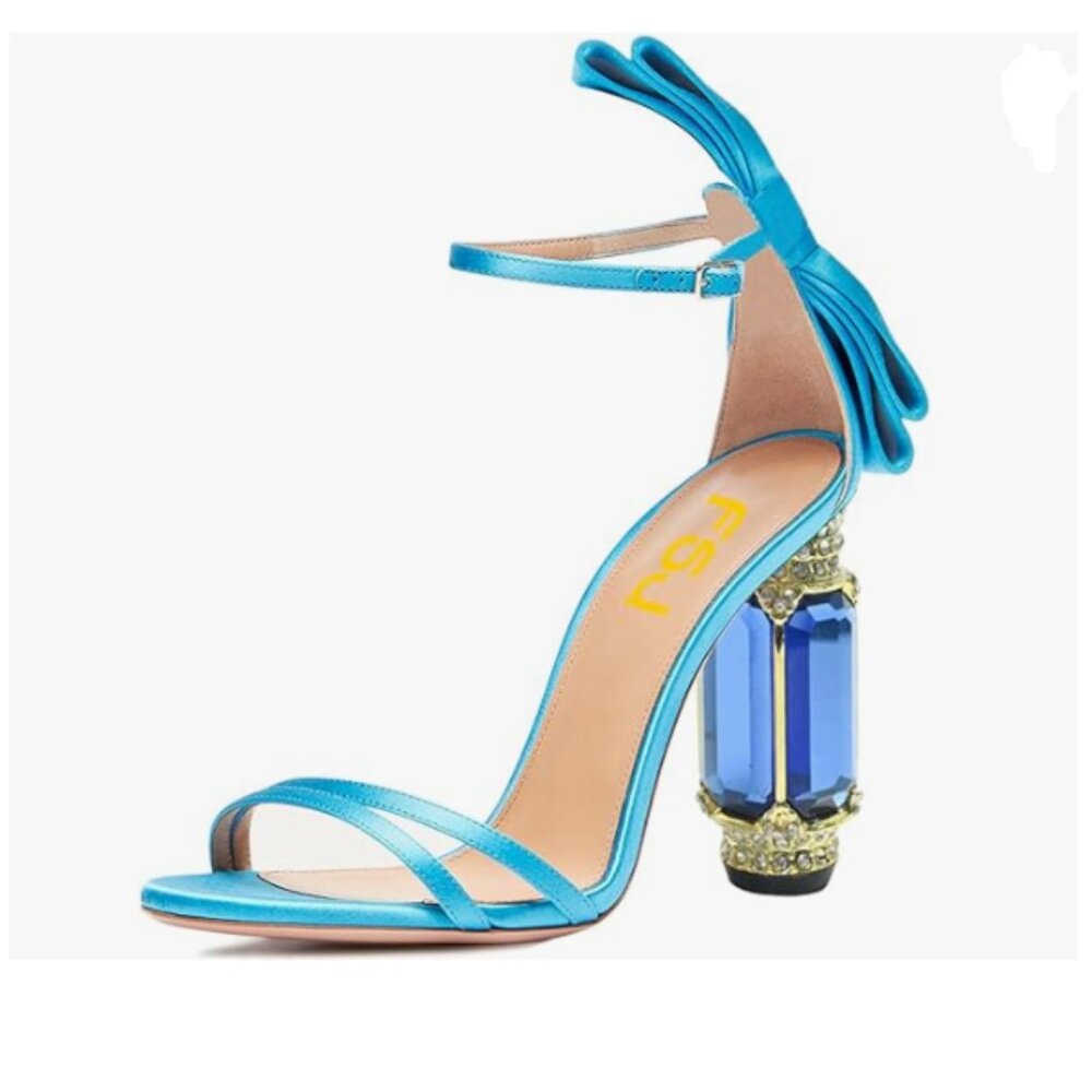 FSJ Blue Open Toe Stylish Sandal Ankle Strap Chunky High Heels Wedding Shoes